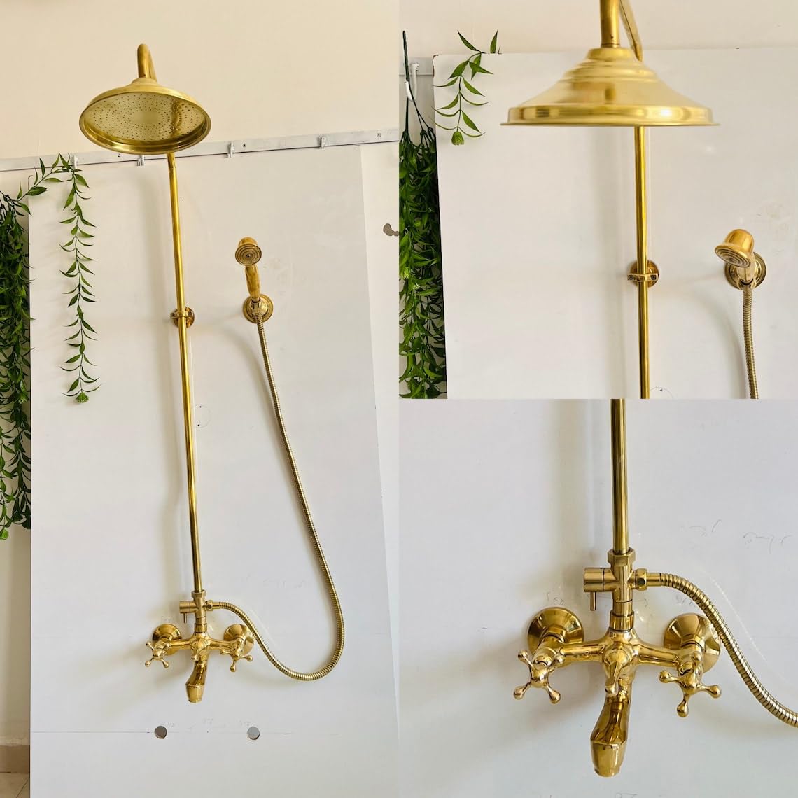 Exposed Pipe Unlacquered Brass Shower System - Detail Close-up