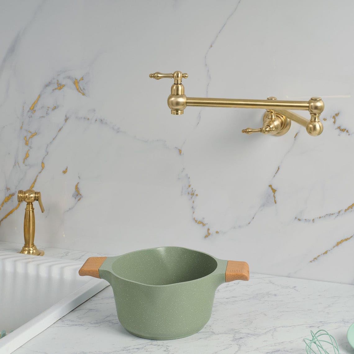 Handcrafted Unlacquered Brass Wall-Mount Pot Filler - Profile Angle