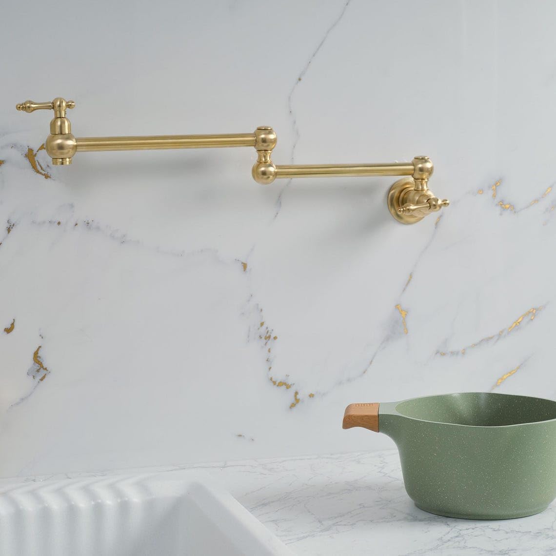 Handcrafted Unlacquered Brass Wall-Mount Pot Filler - Dimension Diagram