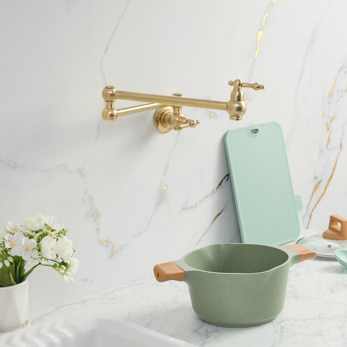 Handcrafted Unlacquered Brass Wall-Mount Pot Filler - Detail Close-up