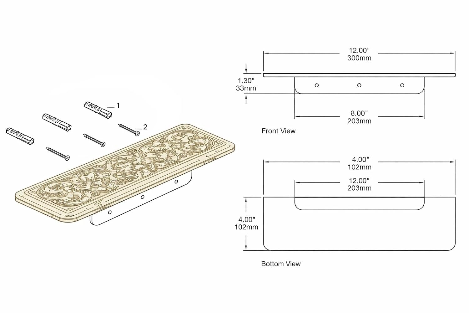 Compact Solid Brass Floating Vanity Soap Shelf - Dimension Diagram