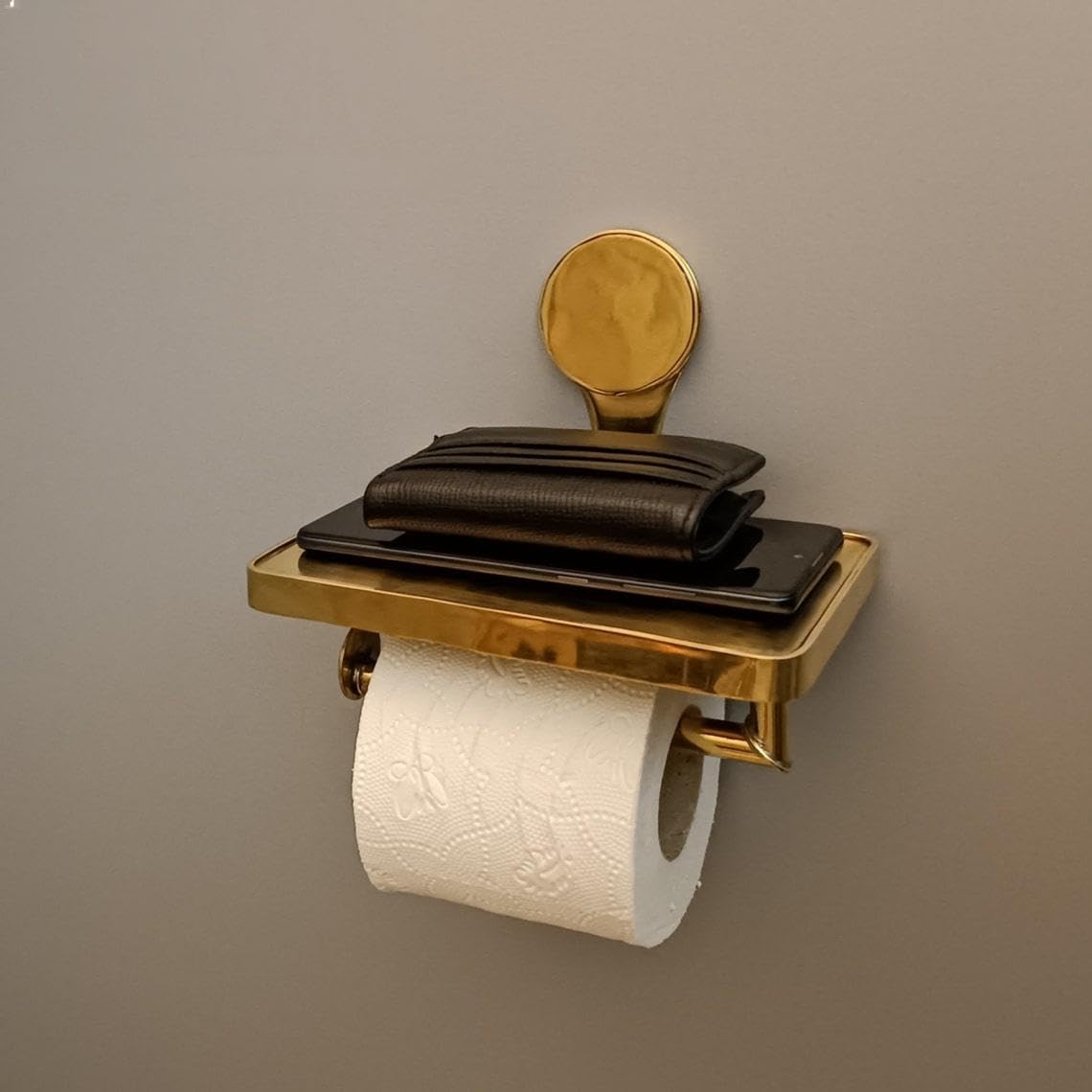 Solid Brass Toilet Paper Holder with Integrated Phone Shelf - Craft Finish