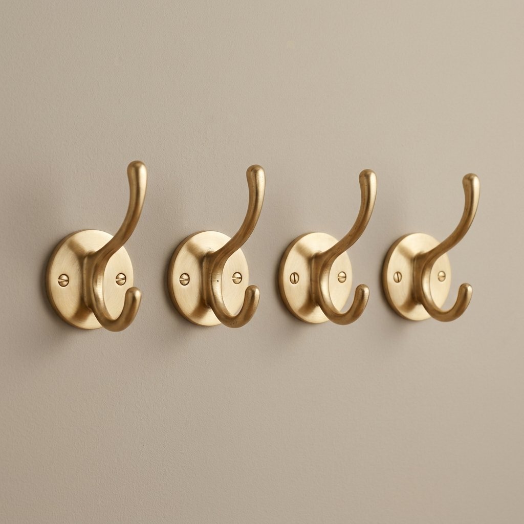 Set of 4 Solid Brass Wall Hooks — Group Arranged View on Warm Stage