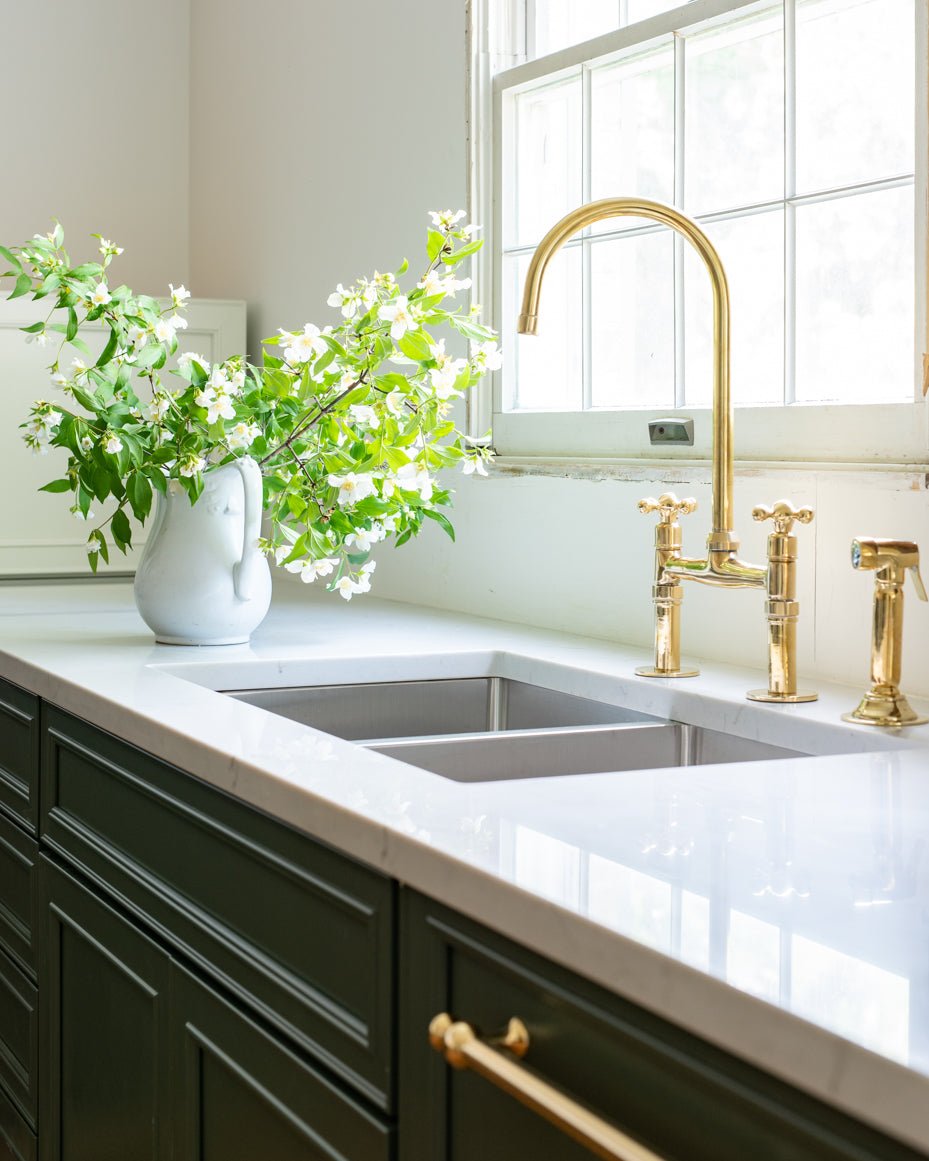Architectural Solid Brass Bridge Kitchen Faucet Studio View