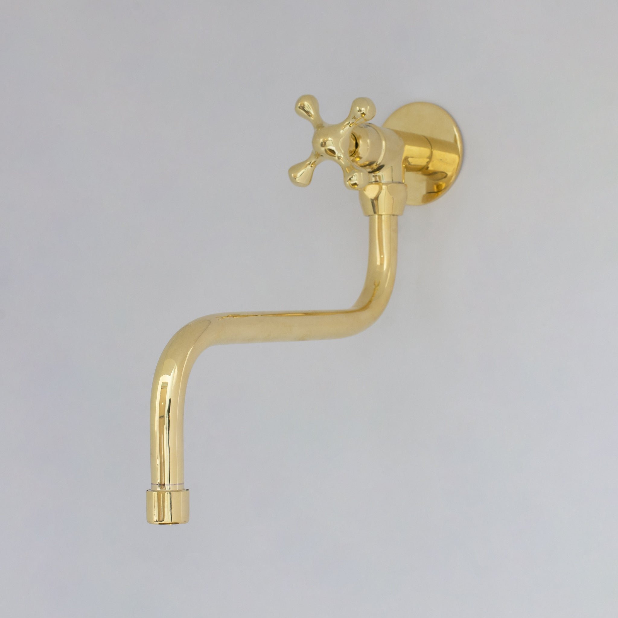 Moroccan Handcrafted Unlacquered Brass Pot Filler — Cross Handle & Valve Detail