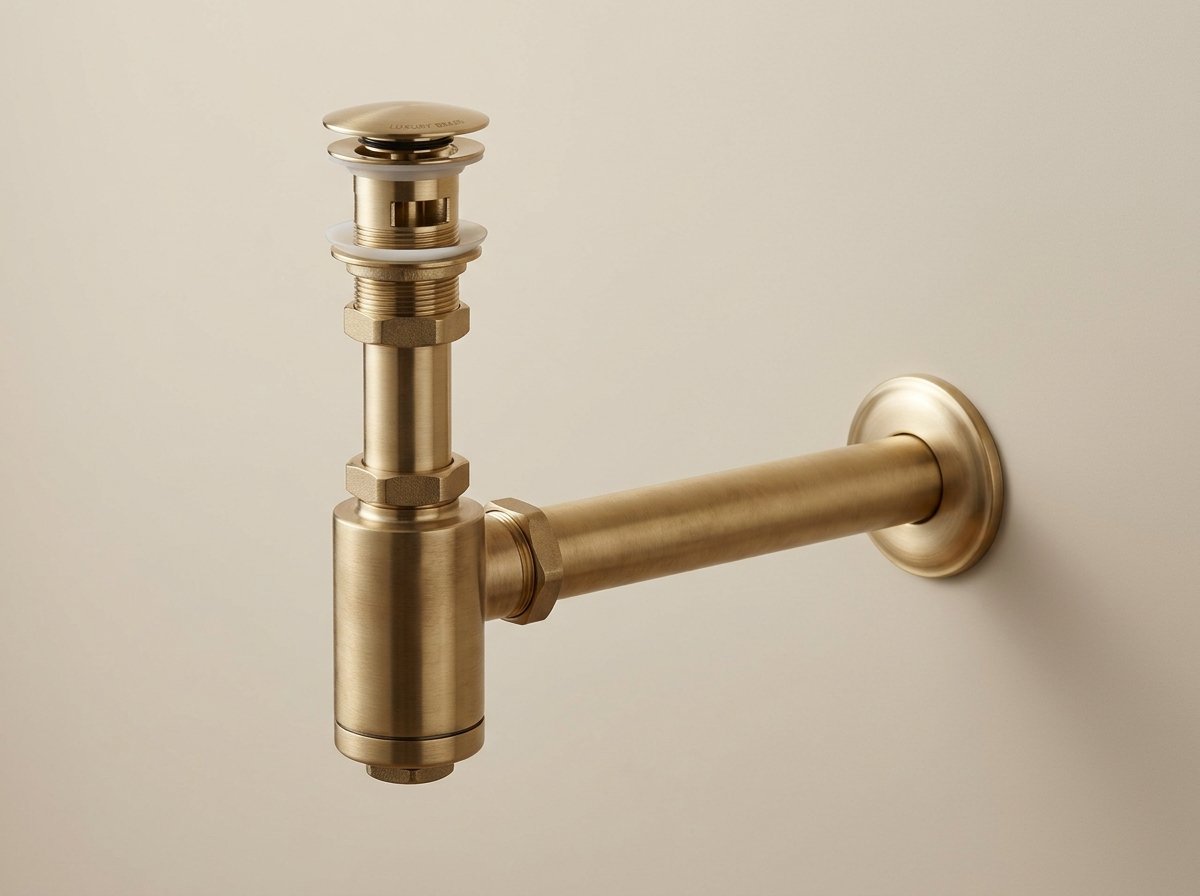 Solid unlacquered brass P-trap siphon with push-up drain assembly kit