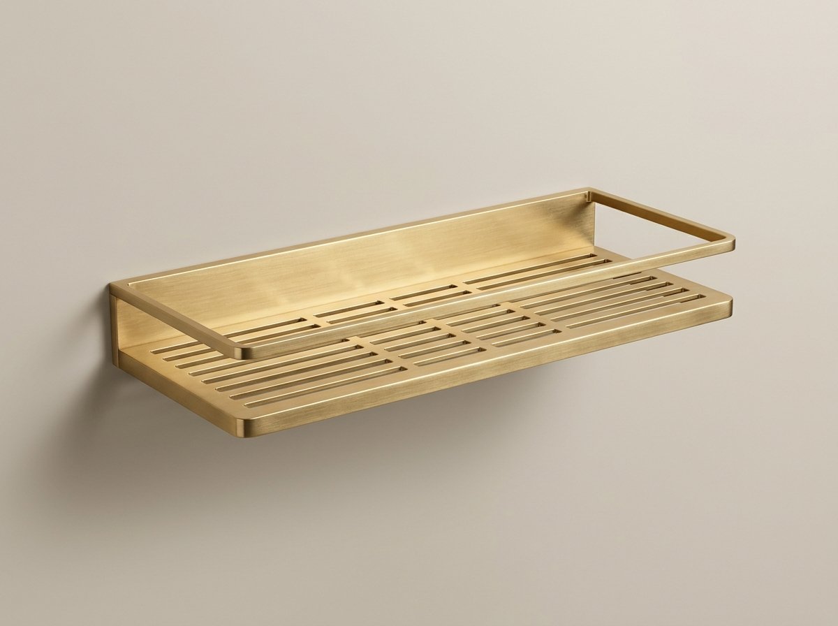 Solid Unlacquered Brass Wall Shelf — Linear Slotted Drainage Grid View